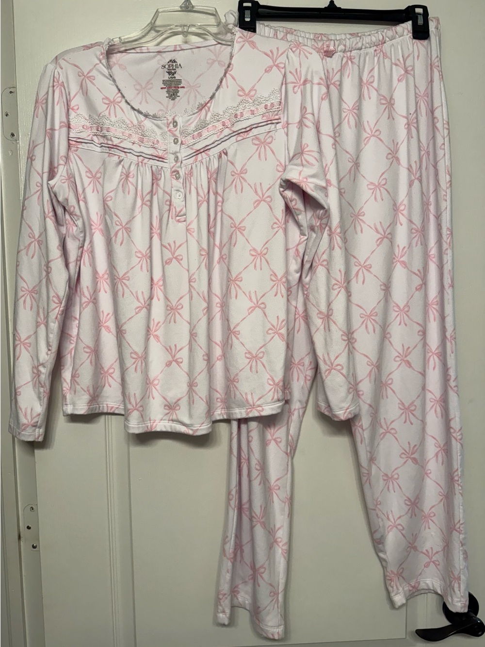 Sophia Rene Rofe Pink Bow Print Pajama Set Women’s Large Cozy Lounge Sleepwear